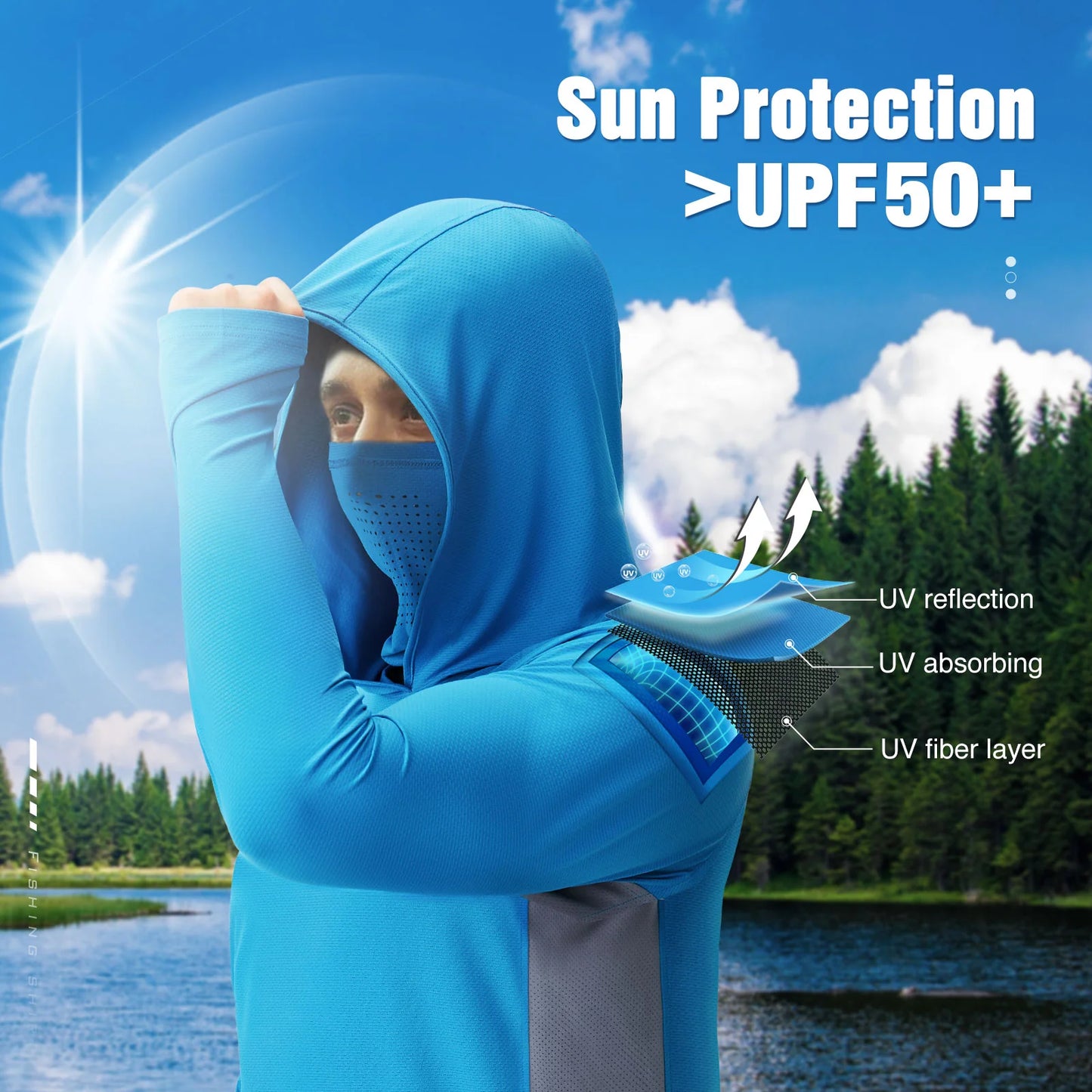 Piscifun® Tee shirts Fishing Hoodies with Face Mask, UPF 50+