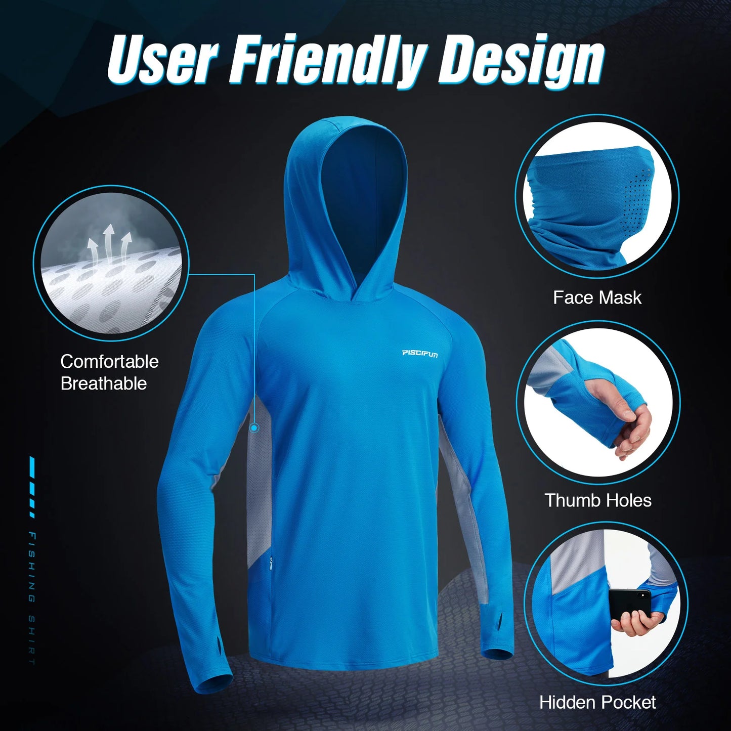 Piscifun® Tee shirts Fishing Hoodies with Face Mask, UPF 50+