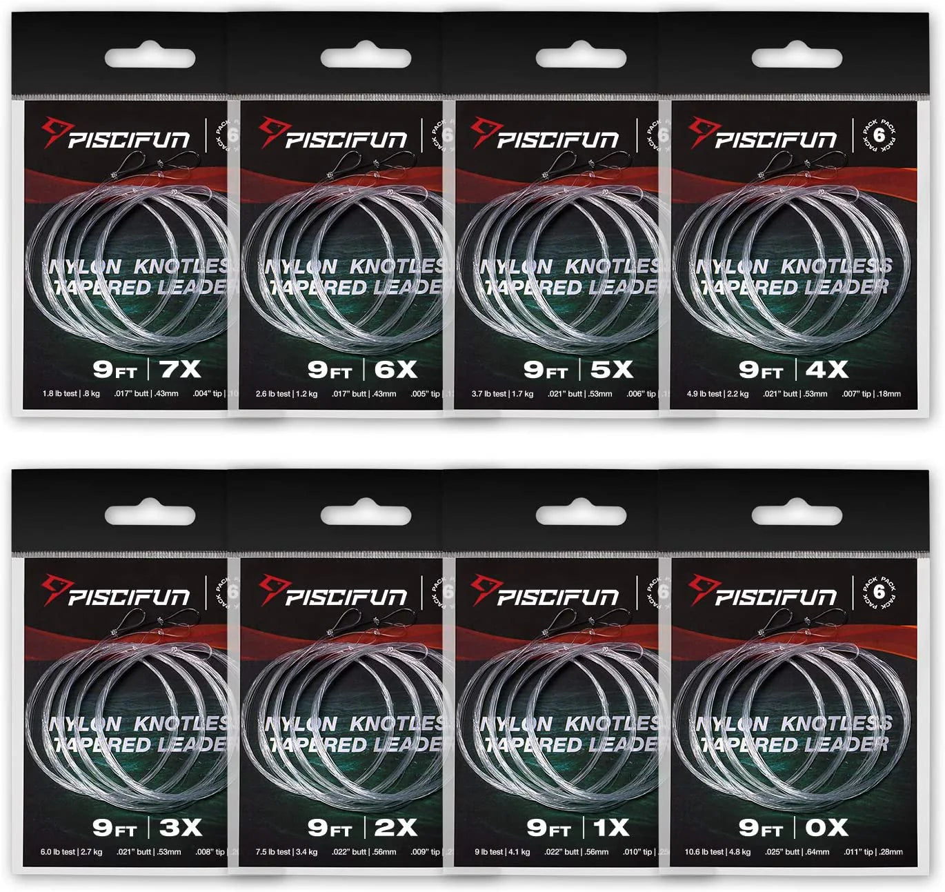 Piscifun Fly Fishing Tapered Leader with Loop-9ft 7.5ft 12ft(6 Pack) 0X 1X 2X 3X 4X 5X 6X 7X