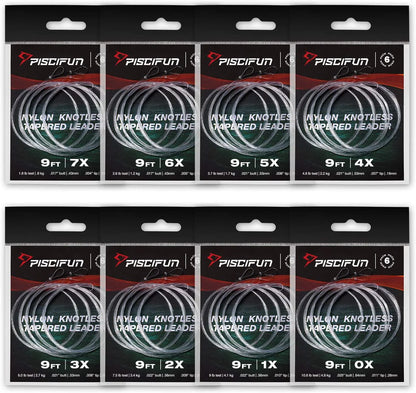 Piscifun Fly Fishing Tapered Leader with Loop-9ft 7.5ft 12ft(6 Pack) 0X 1X 2X 3X 4X 5X 6X 7X